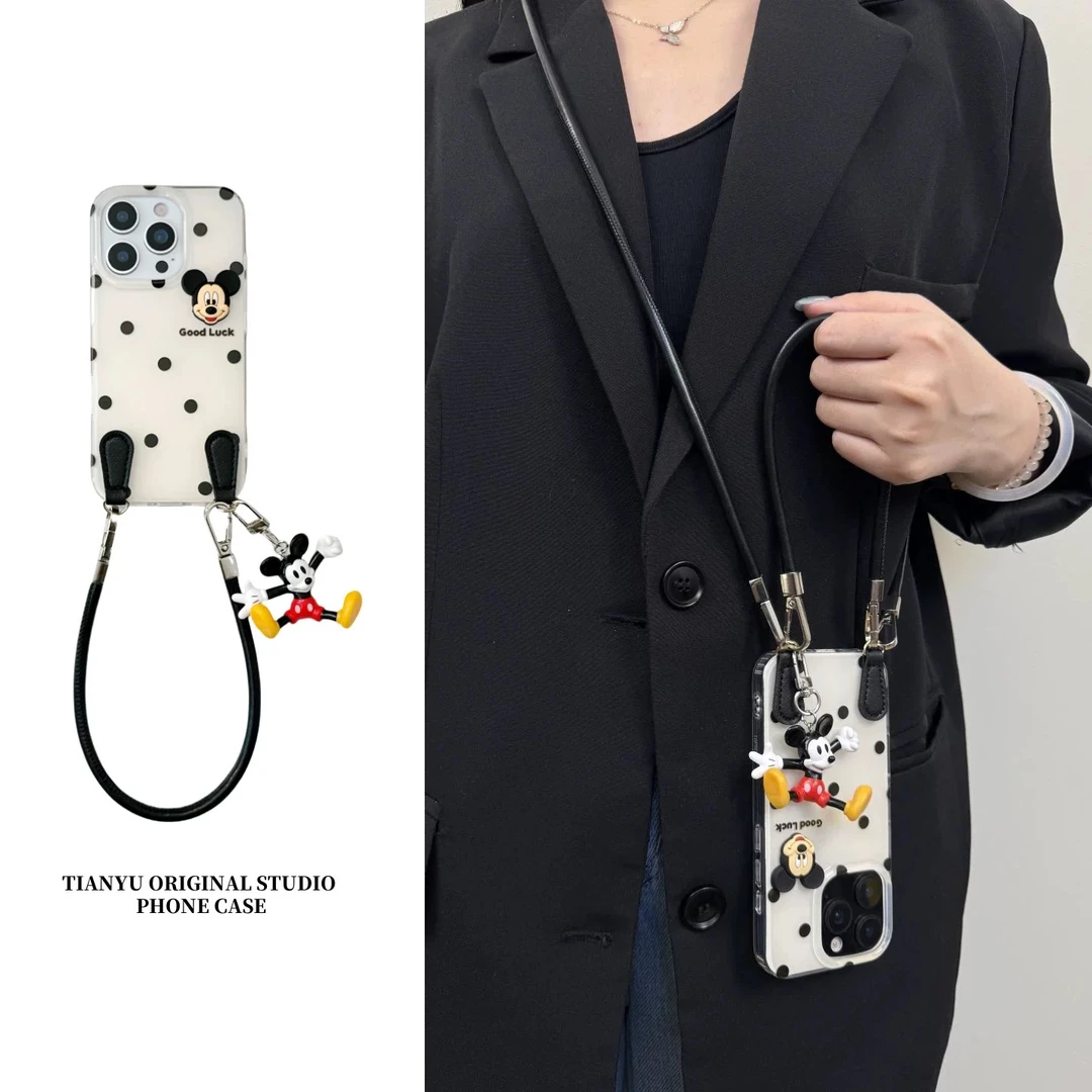 卡通黑色波点米奇挂件适用苹果16pro手机壳iphone15pro防摔14新款