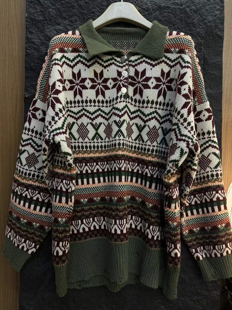 《子后》微胖大码 秋冬新品复古风提花翻领毛衣