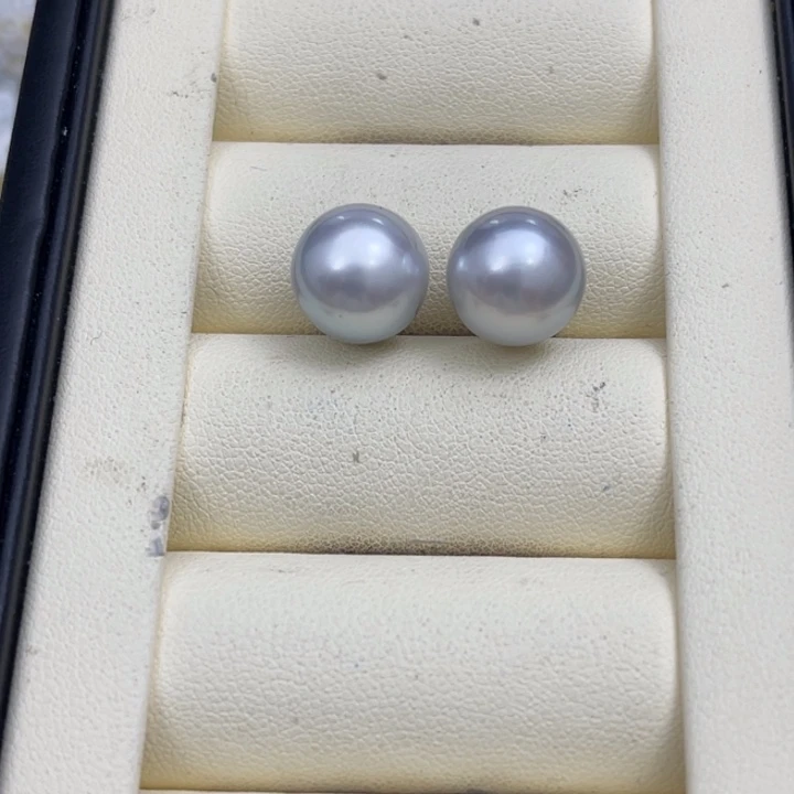 海水珍珠耳饰银S925镶嵌澳白素钉11-12mm
