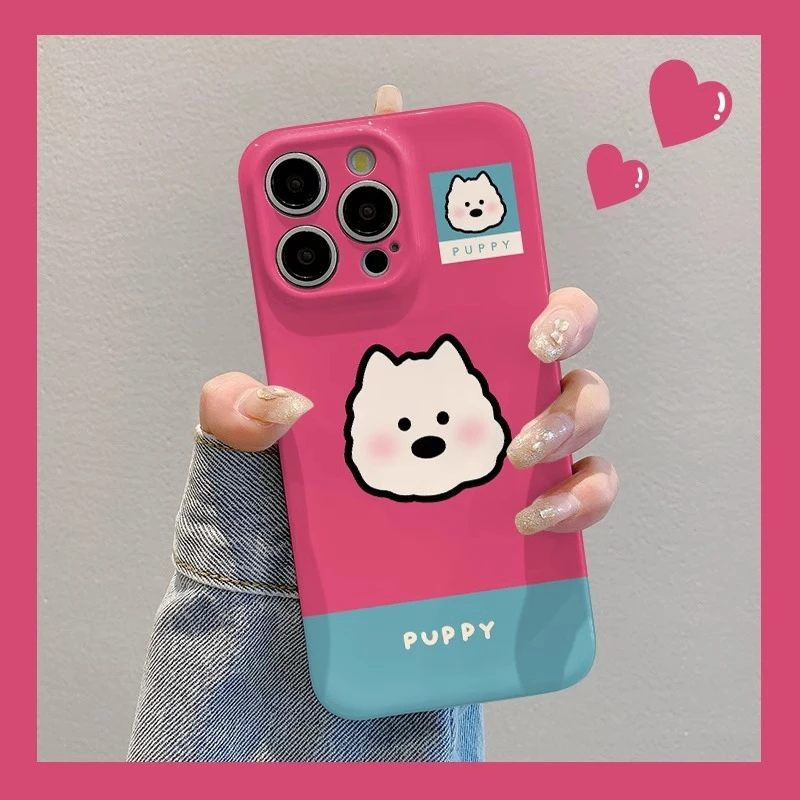 粉底小白狗适用苹果16手机壳华为高级vivo全包小米15oppo菲林壳