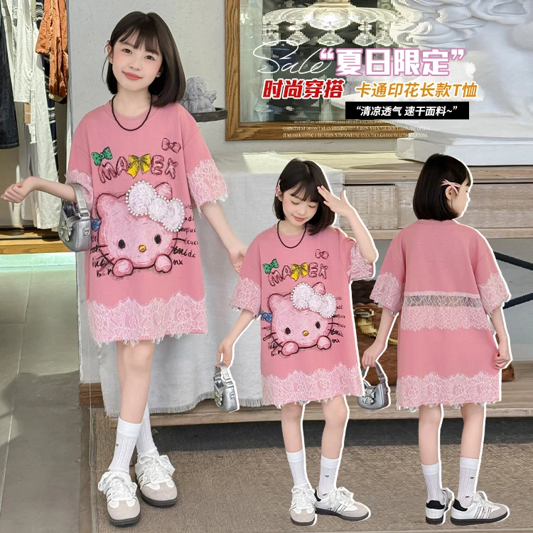 女童夏季短袖T恤2025新款儿童洋气甜美花边T恤裙夏装女孩半袖体恤
