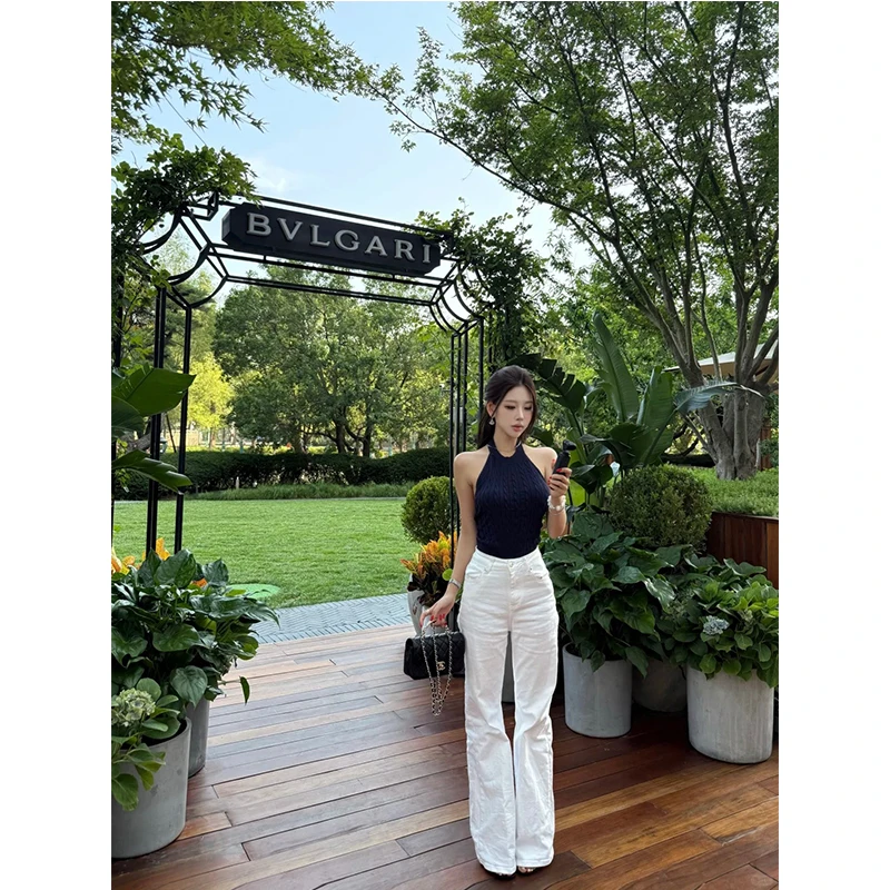 夏季新款辣妹挂脖吊带背心上衣设计感高腰修身显瘦长款裤子套装女