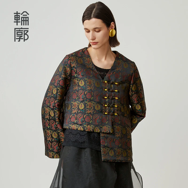 轮廓好运连连外套新中式夹棉小袄民族风中式V领上衣国风L244Y001