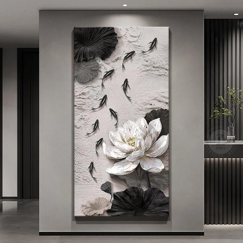 高级感九鱼图入户玄关装饰画浮雕立体肌理感走廊过道挂画荷花壁画