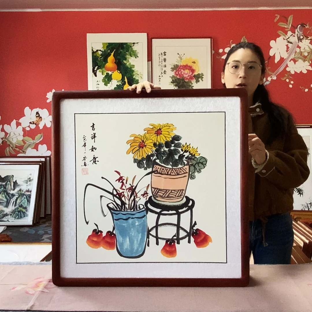 国画 手写手绘带框包邮国画作品62✖️62