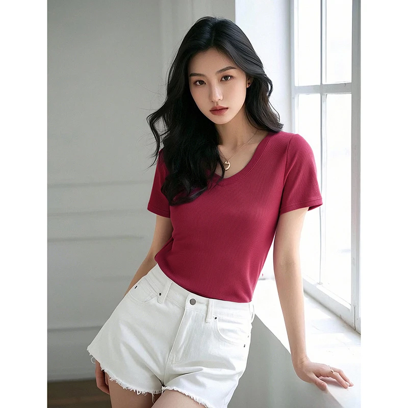 【断码清仓】2025春夏款上衣V领弹力T恤女25010608