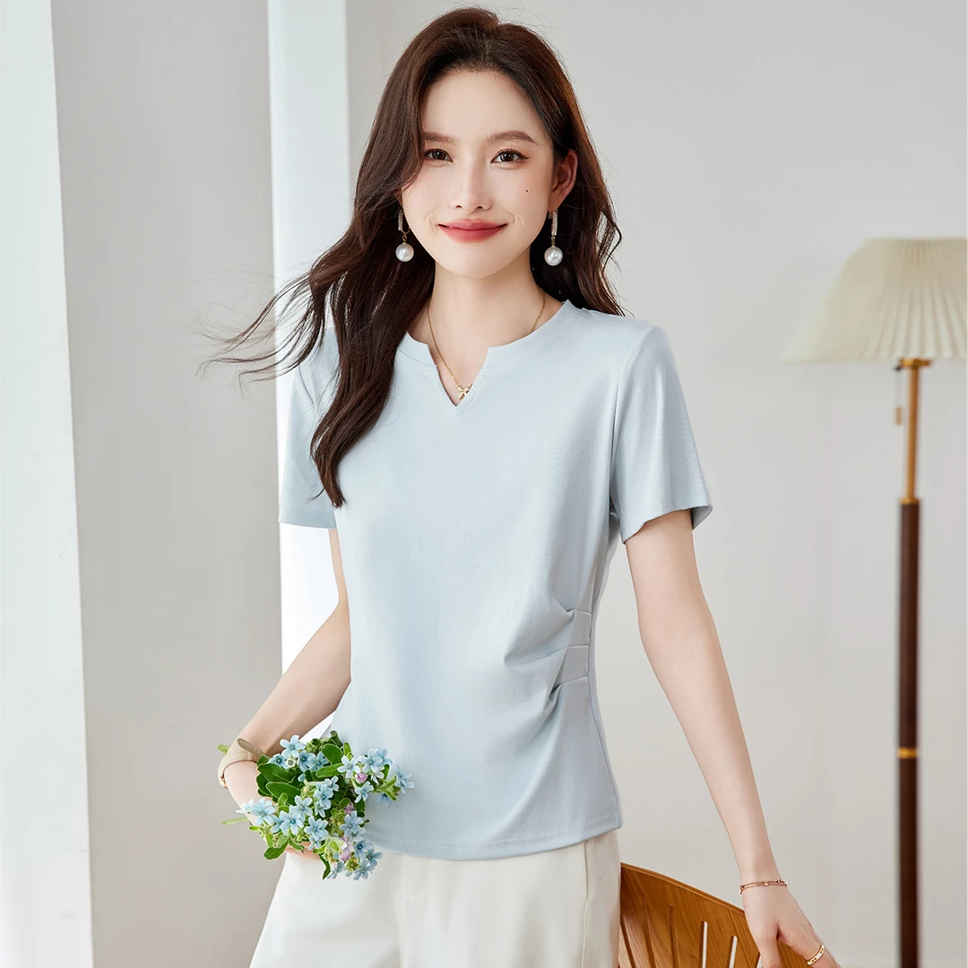打底纯色正肩小V领个性百搭2025年爆款修身显瘦洋气短袖T恤夏装