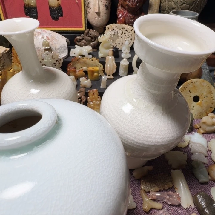 瓷片双鱼青瓷开片三个