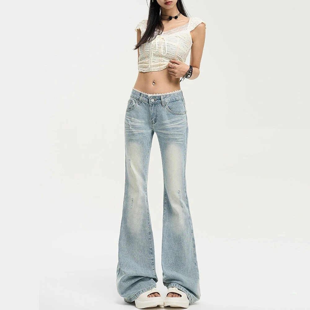水洗蓝美式微喇裤女2025夏季新款蕾丝拼接百搭显瘦低腰复古牛仔裤