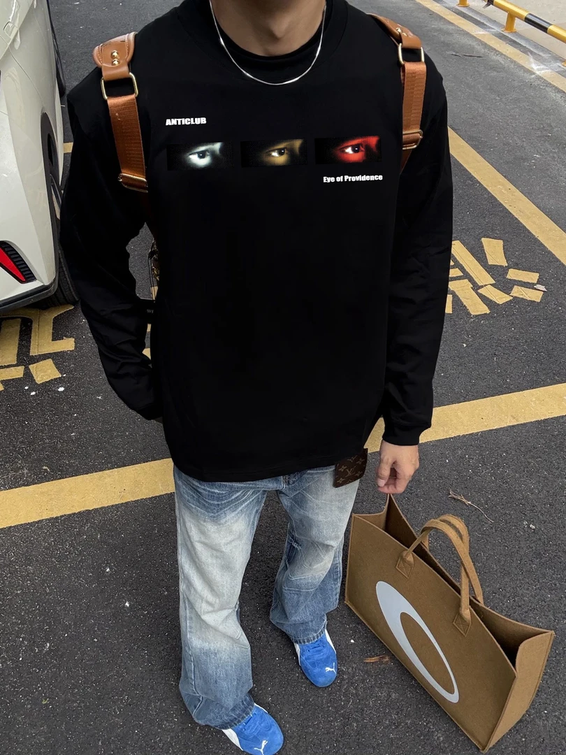 美式潮牌设计感字母印花长袖t恤男宽松欧美痞帅高街长袖圆领打底