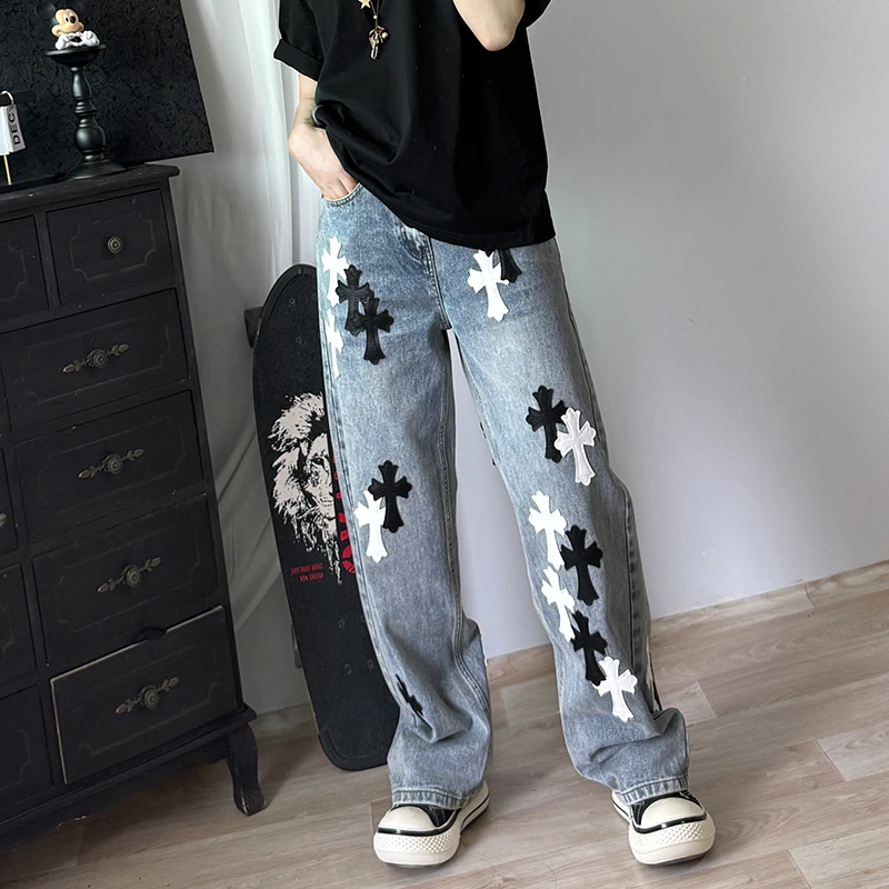 男士牛仔阔腿裤夏季新款美式直筒复古做旧ins潮流帖皮印花高街潮