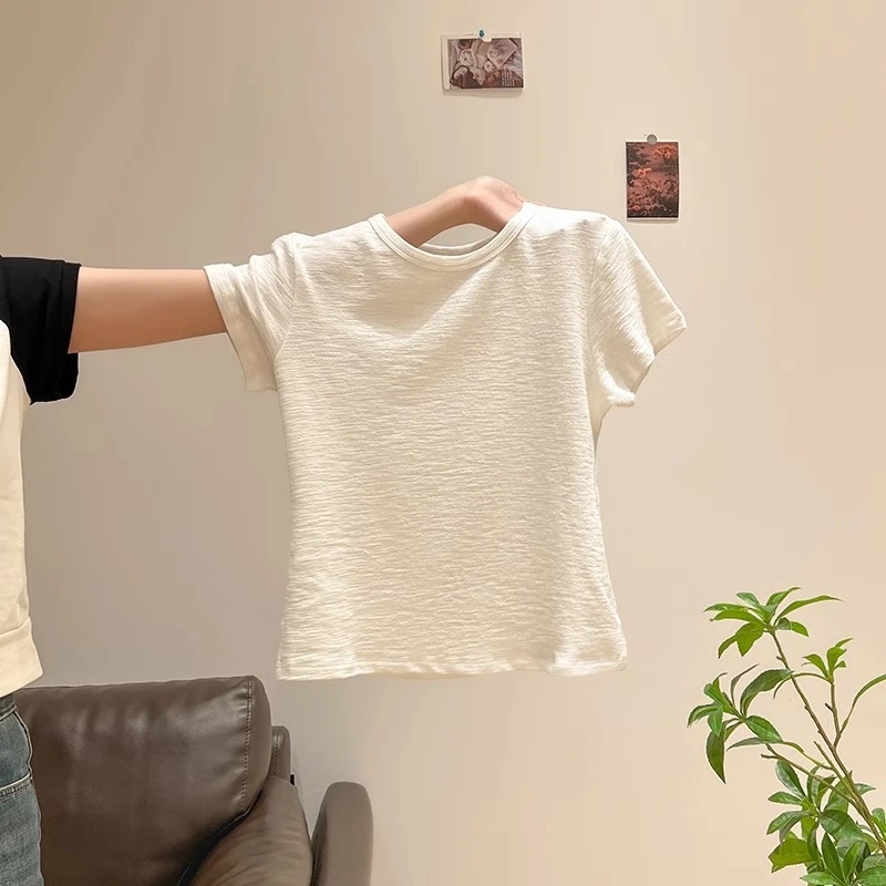 圆领正肩短袖t恤女肌理感夏季新2025年修身显瘦百搭简约凉感上衣