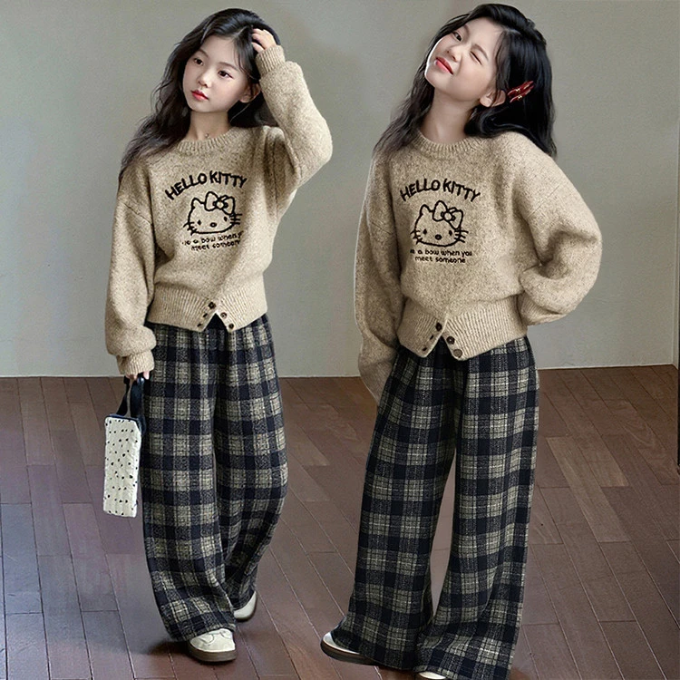 女童秋装洋气KT猫圆领毛衣针织衫秋冬款童装新款大童儿童衣服潮