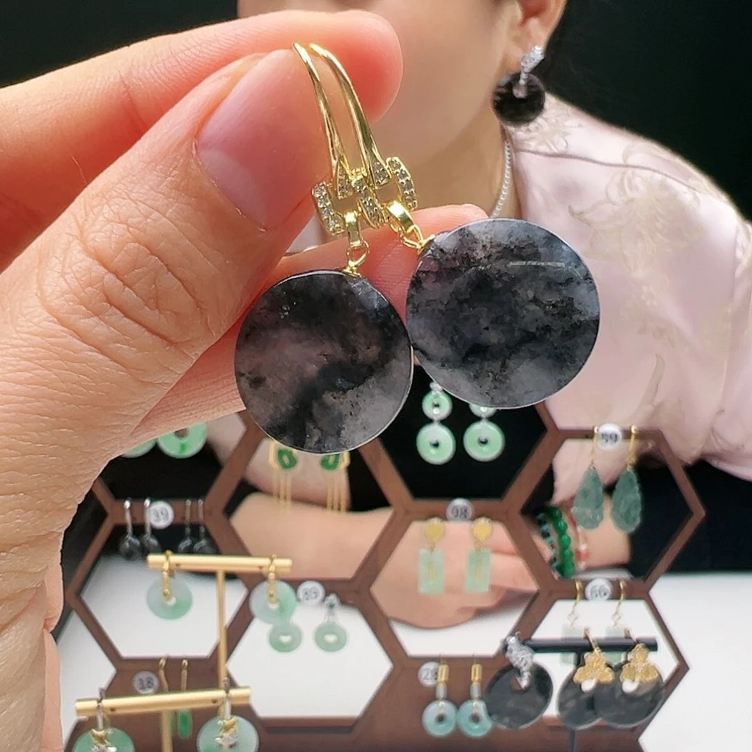 翡翠耳饰银S925镶嵌天然翡翠