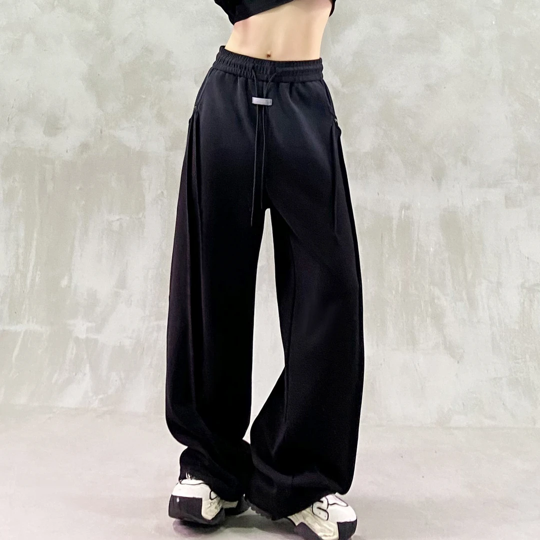 帅气侧边褶纹拼接运动休闲裤女秋新款高腰宽松显瘦百搭直筒阔腿裤