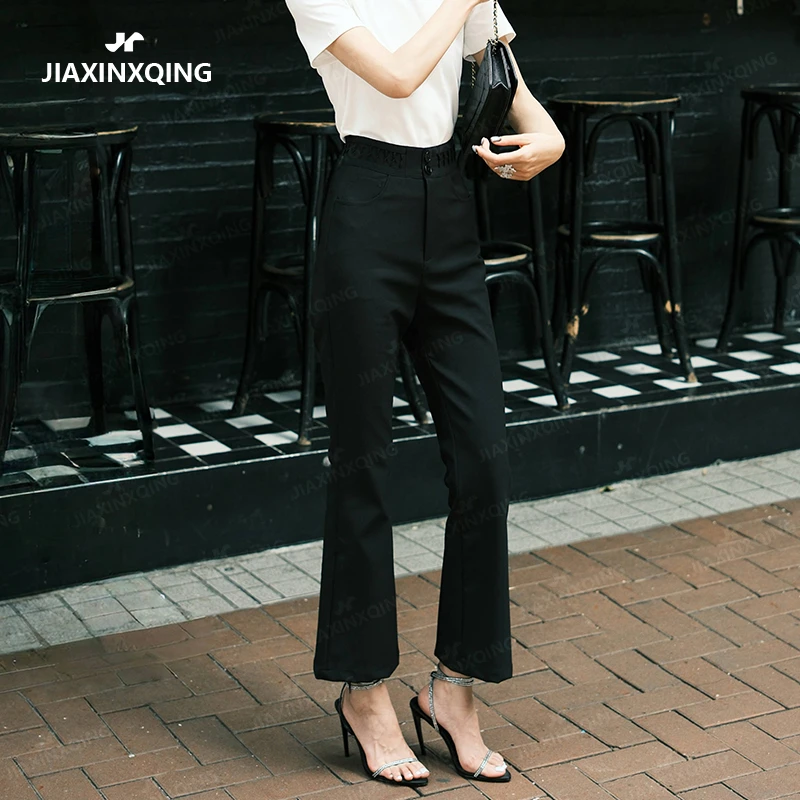 JIAXINXQING夏季2025新款黑色高腰褶皱显瘦修身西裤微喇休闲裤女