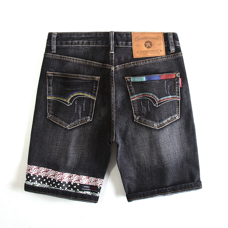 破洞刺绣印花牛仔短裤男黑灰色修身直筒潮牌设计感痞帅五分中裤子