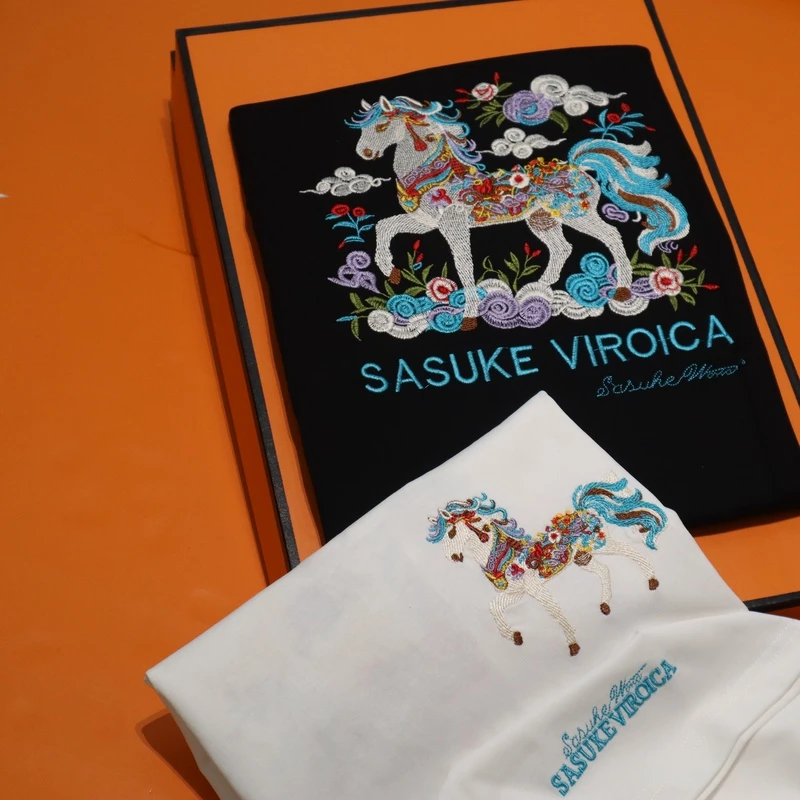 T318男士潮流彩色小马刺绣休闲短袖T恤夏季新款百搭体恤痞帅t恤衫