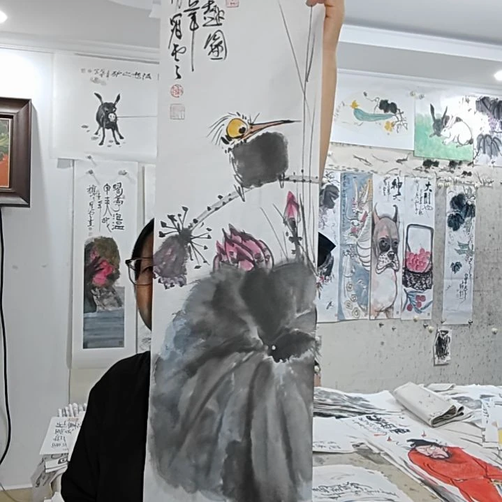 竖款25*100CM，无装裱，荷花小鸟