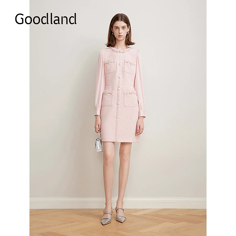 Goodland美地2025春季新款法式小香风气质粗花呢手工拉毛连衣裙