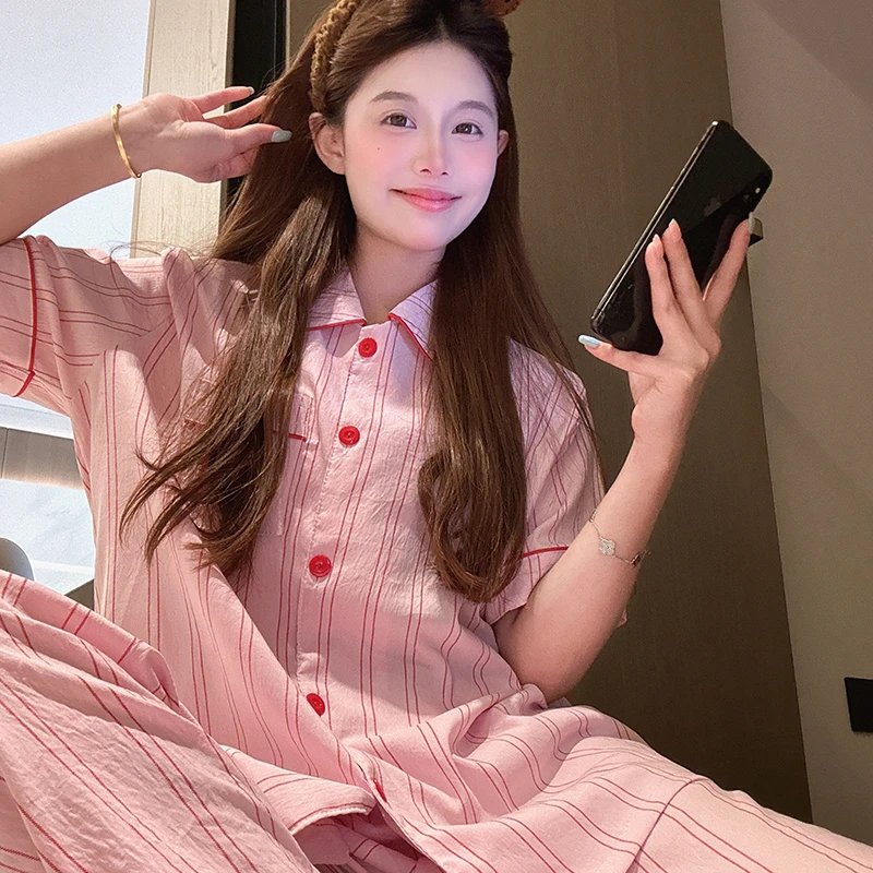 日系卡通猫咪云朵棉家居服条纹女士睡衣chic包边短袖长裤三件套装