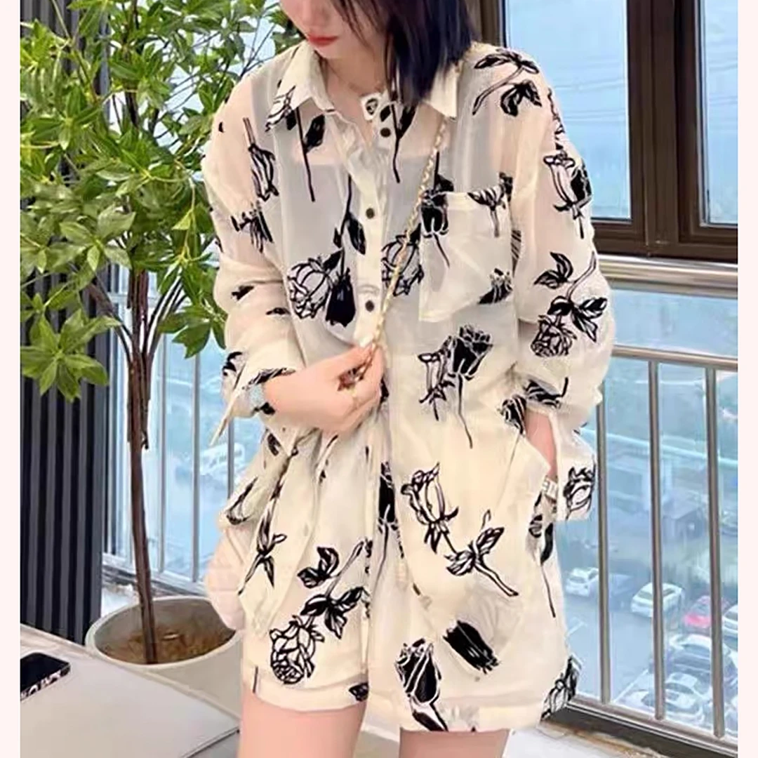 S新款拼色花朵减龄开衫上衣高腰短裤两件套A14838