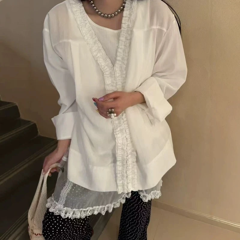 （唯夏衬衣）2025新款宽松显瘦设计感木耳边V领长袖衬衫上衣女C465