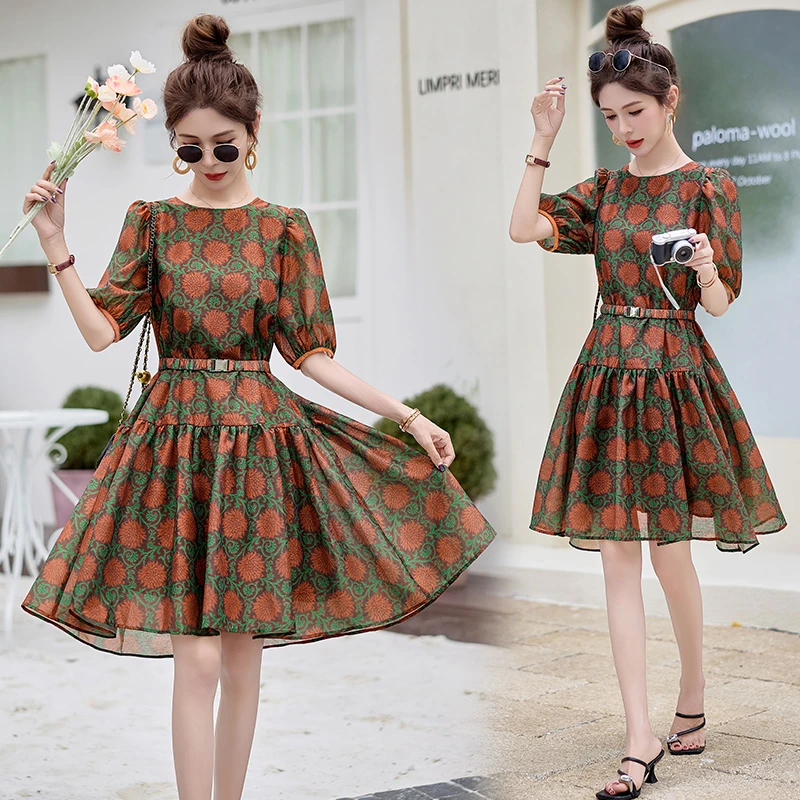 夏季印花新中式民族风千金风碎花A字裙2025连衣裙长款大码洋气女