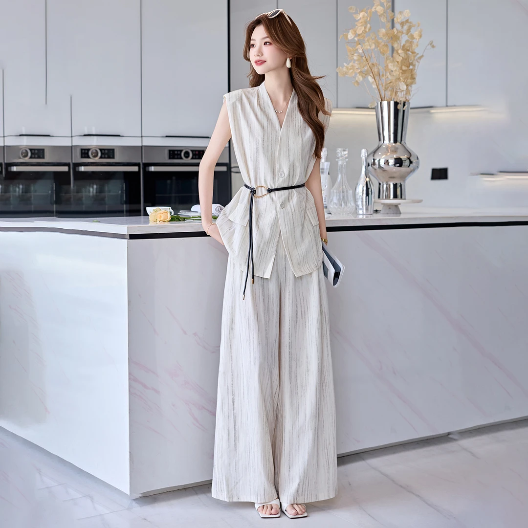 干练气质轻奢高级感套装女2025夏无袖西装外套阔腿裤两件套HR1170