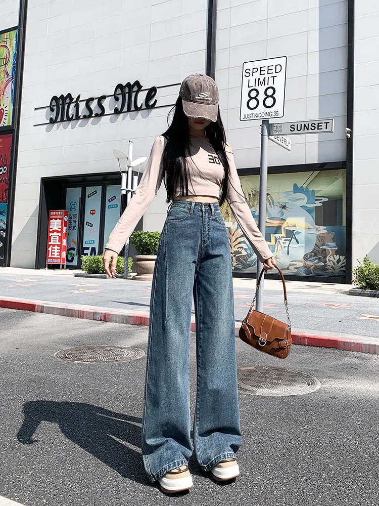复古蓝色阔腿牛仔女款爆款新款秋冬季小个子宽松直筒拖地裤9909