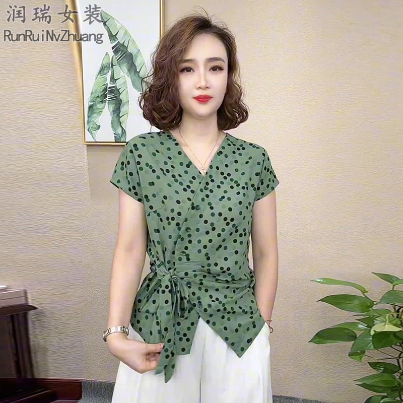 洋气百搭V领T恤女2025夏季新款小个子减龄显瘦不规则系带上衣衬衫