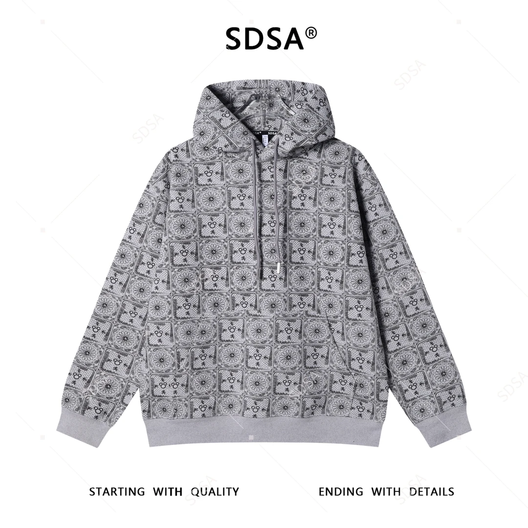 SDSA男士秋冬新款痞帅男装时尚花卉印花抽绳连帽卫衣百搭休闲宽松