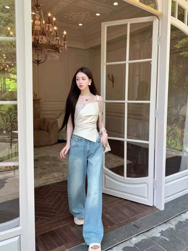 2601夏季新款美式复古高腰显瘦百搭休闲宽松直筒窄版阔腿牛仔裤