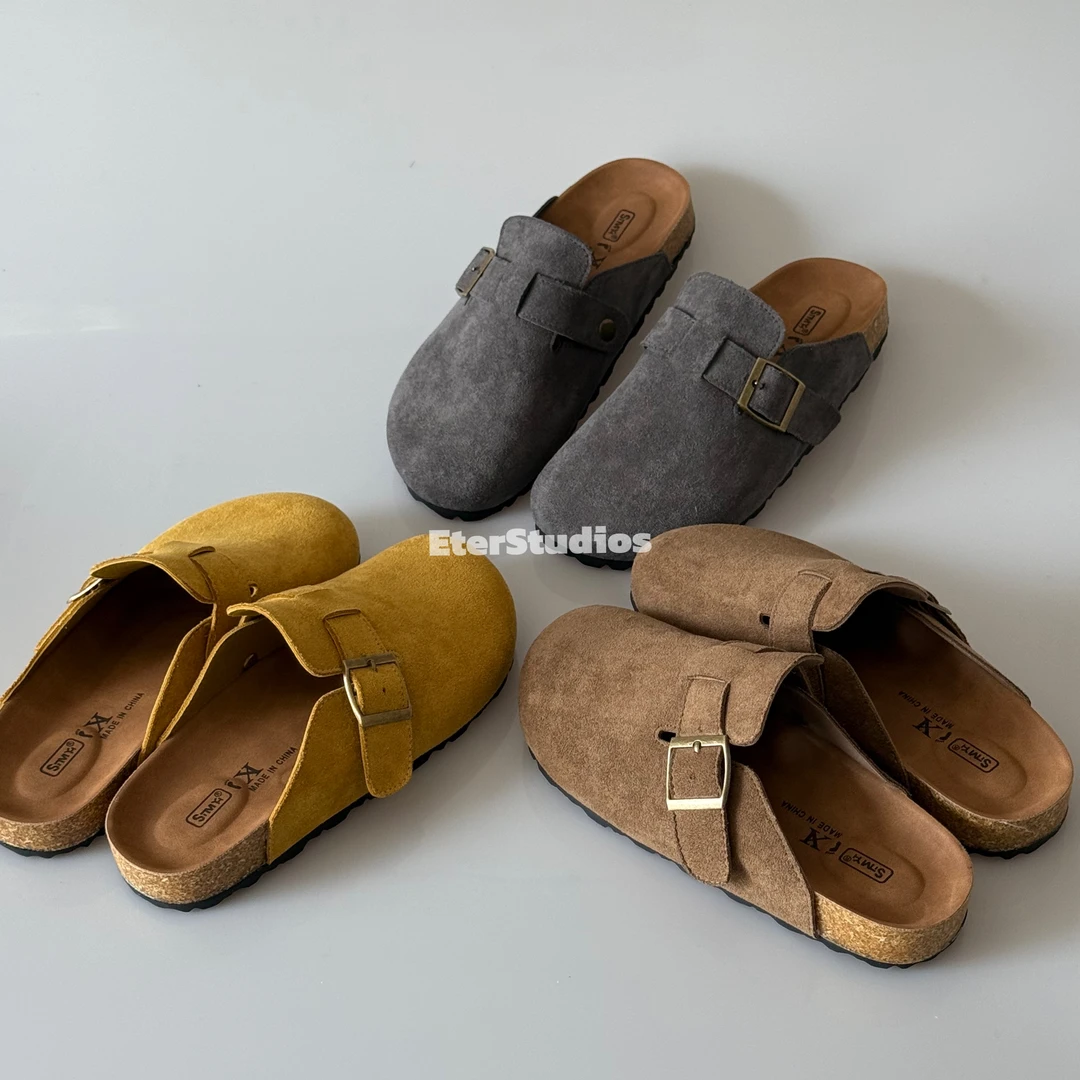 Es复古低跟日常软底舒适休闲春季包头拖鞋纯色勃肯半拖鞋