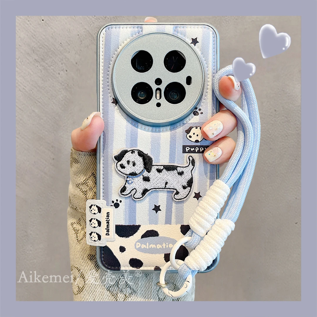 适用华为mate70pro+手机壳蓝白条纹Mate60pro+皮质刺绣斑点狗手绳