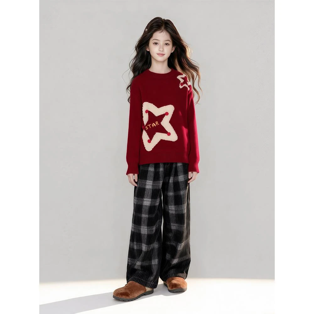 五折专区女童毛衣2025冬装韩系新款红色时尚洋气星星印花拜年服冬