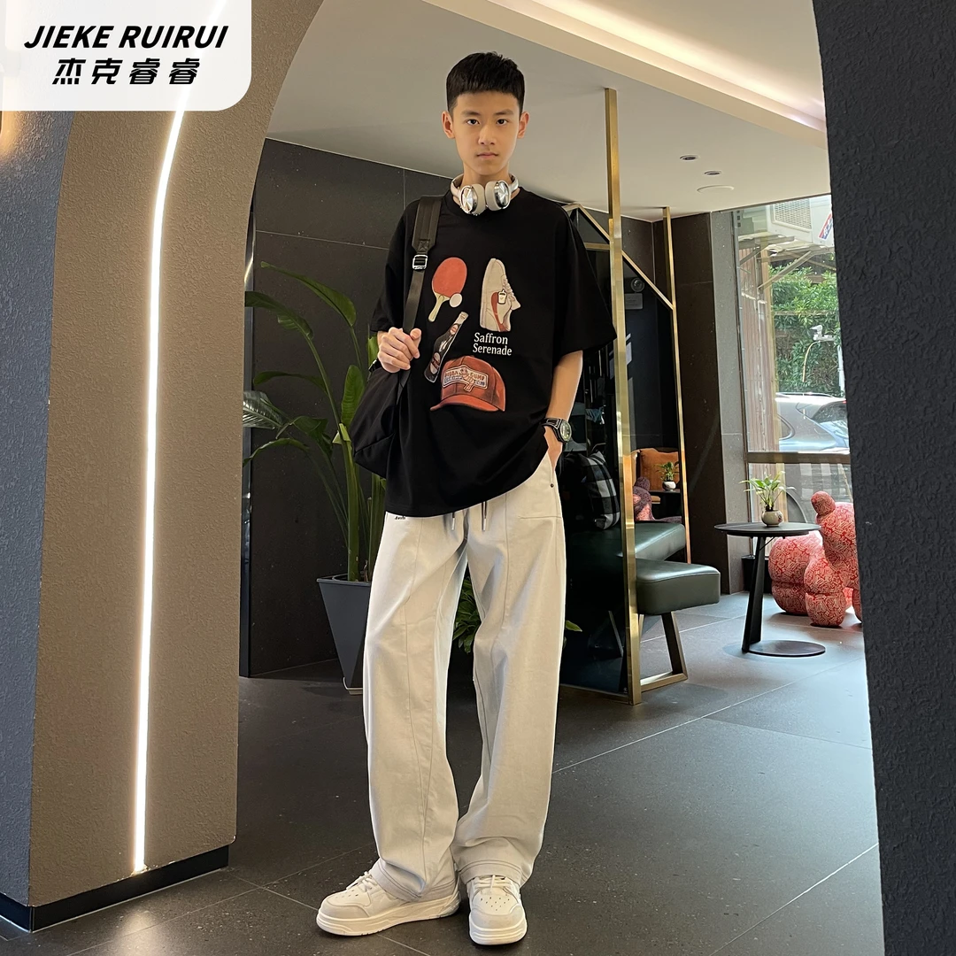 【现货-睿】夏季美式卡通印花短袖T恤大童休闲圆领短袖上衣杰克睿睿