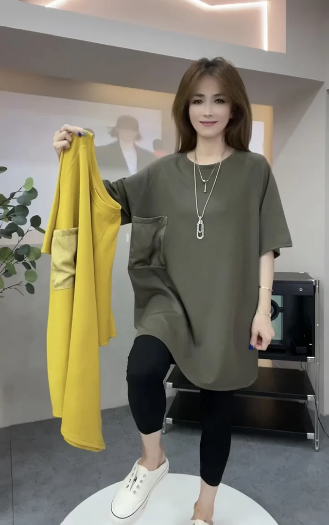 2025春夏新款时尚休闲洋气百搭圆领插肩短袖中长款口袋设计感上衣