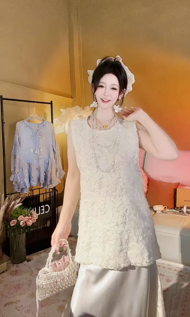 【崔】S0186纯色气质蕾丝拼接圆领宽松温柔风休闲上衣小衫夏季