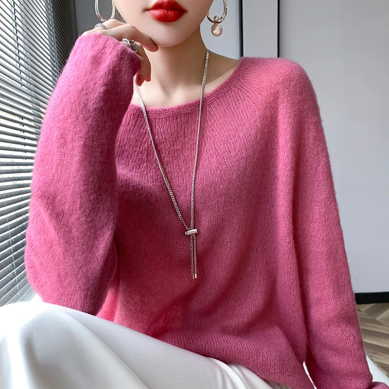 77%山羊绒衫23%桑蚕丝薄款圆领宽松一线成衣女无缝慵懒毛衣