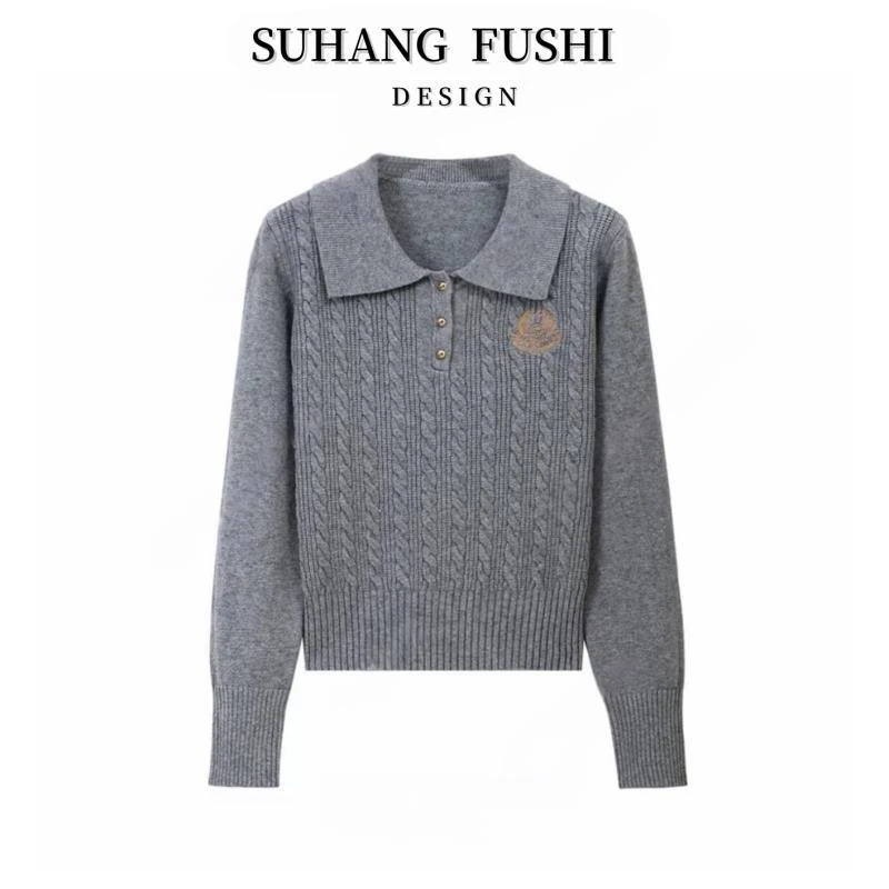 学院风麻花刺绣polo领毛衣女新款韩系套头显瘦针织打底毛衣女