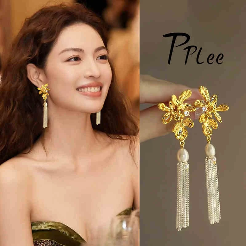 铜合金仿珍珠耳饰 金色鸢尾花珠珠流苏耳环法式小众设计高级耳饰