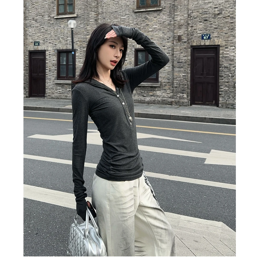 『VIDIN LIM』松弛感高弹连帽亨利领显瘦打底长袖帽衫W2620