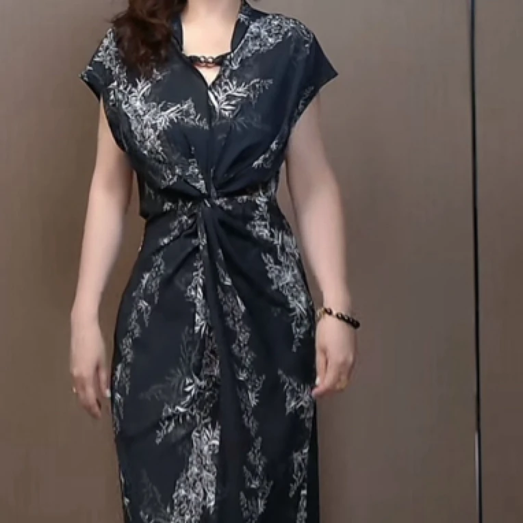 法式印花短袖扭接显瘦女装连衣裙