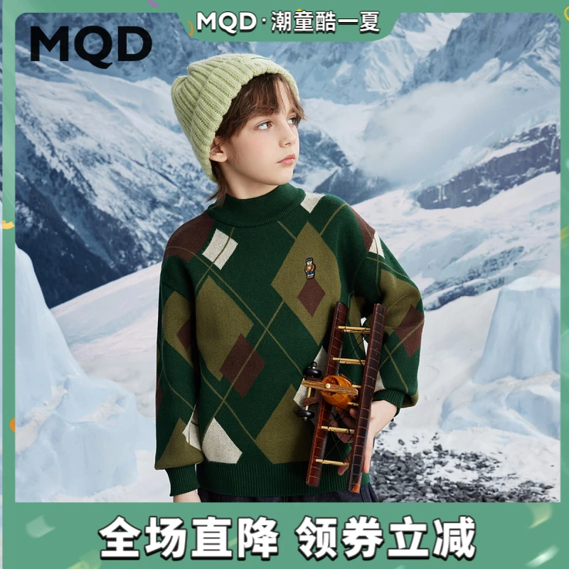 MQD童装儿童冬季新品学院风菱格撞色半高领毛衣9644W0743