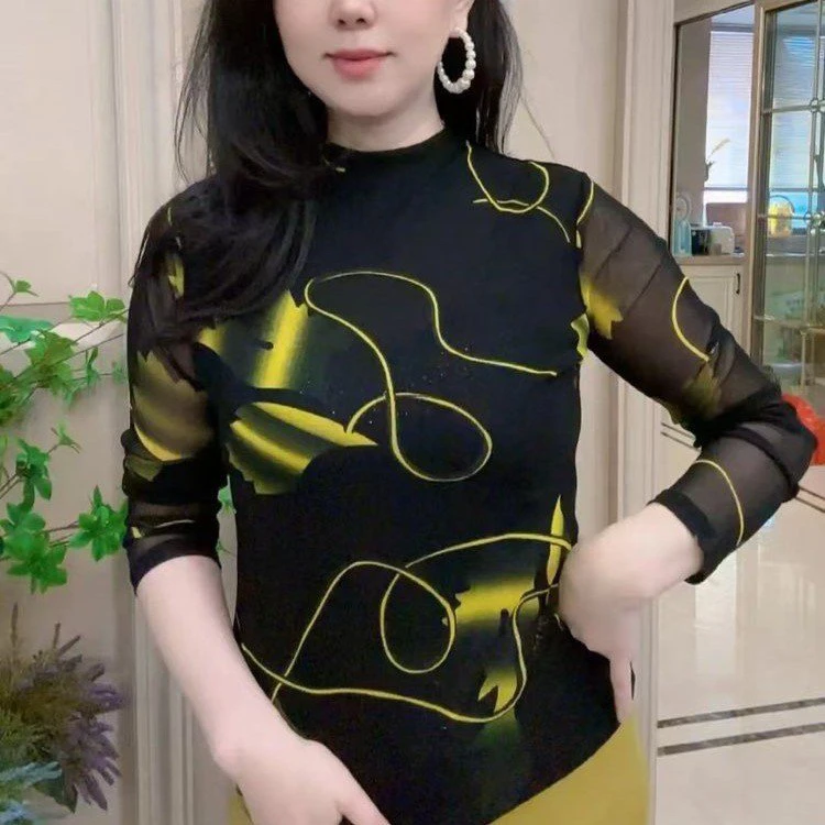 植物花卉半高领长袖法式印花T恤t恤女士打底衫薄款时尚百搭内搭