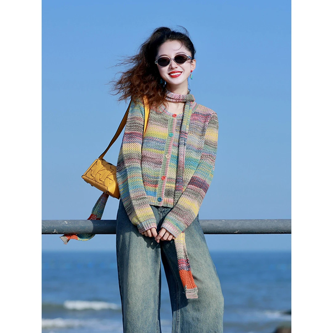 多巴胺彩虹长袖针织开衫女2025年秋季新款时髦洋气减龄外搭上衣潮