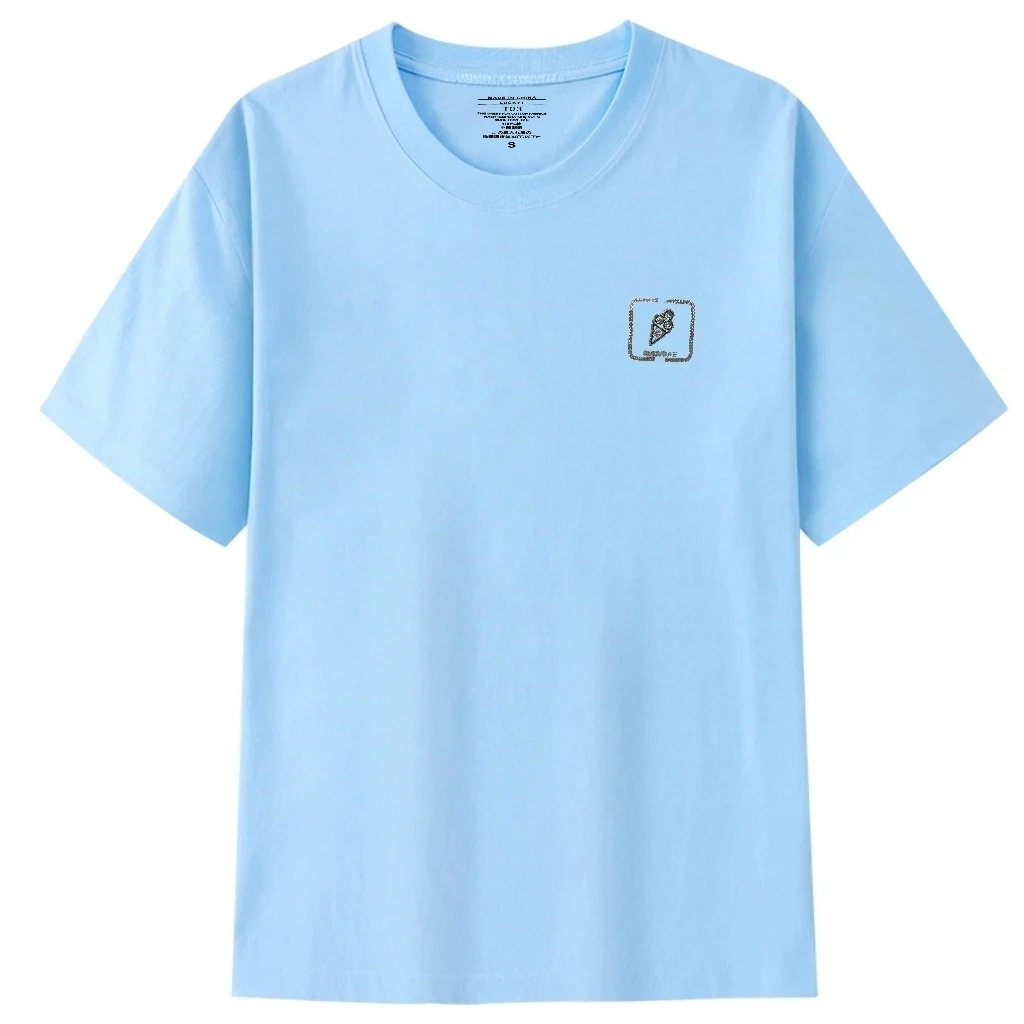 SUNVDAE全棉T恤印花圆领蓝色半袖休闲纯棉夏季上衣方框雪糕烫钻