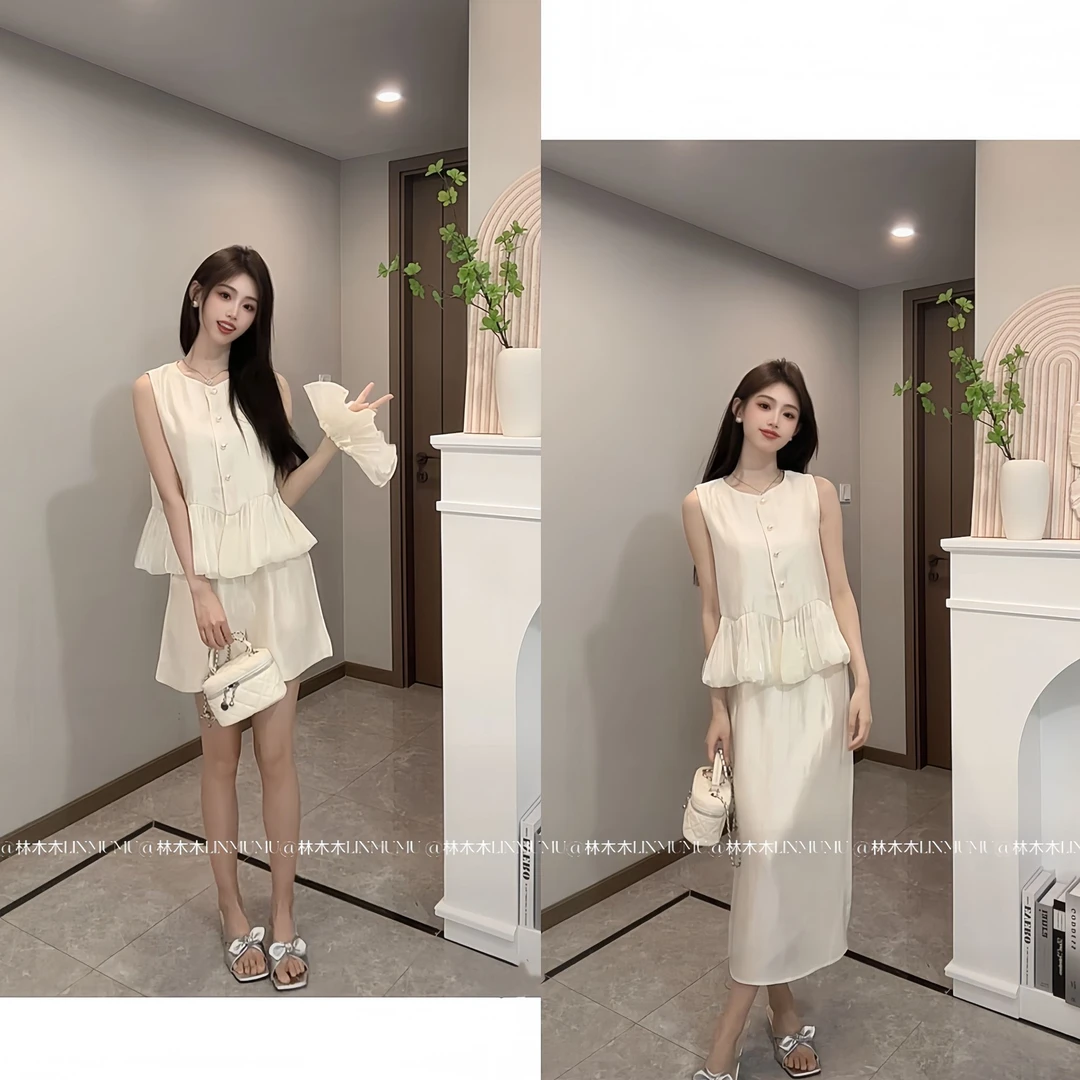 【现货】夏季轻奢时尚套装#3144新款小香风飘带拼接珠光两件套