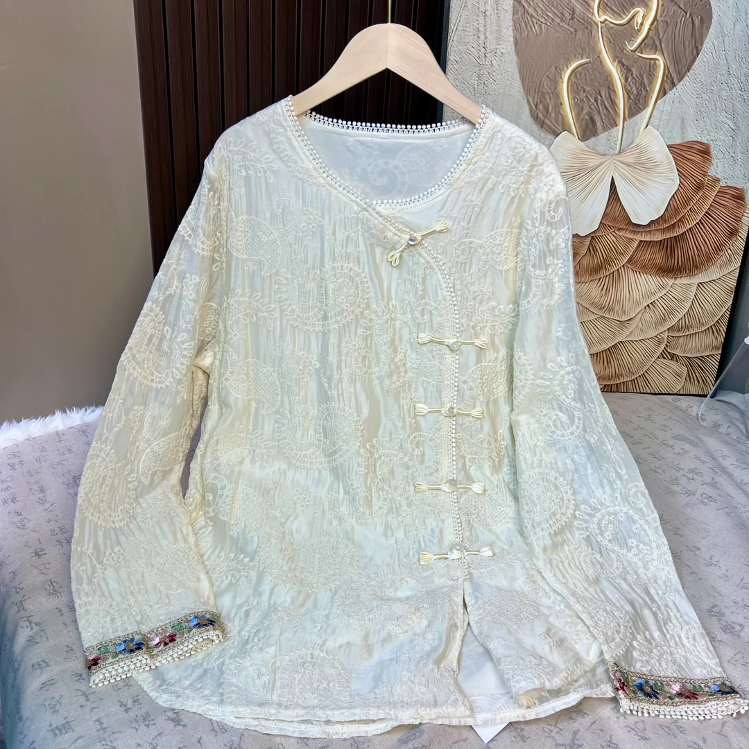 --国风盘扣刺绣衬衫女春新款长袖蕾丝新中式宽松打底内搭衬衣5167